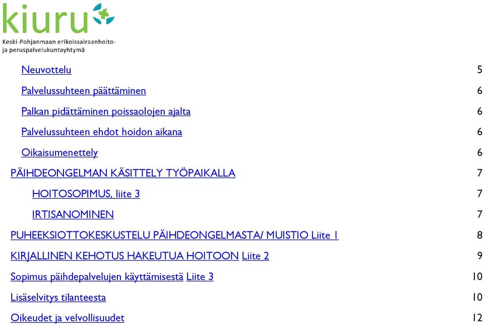 IRTISANOMINEN 7 PUHEEKSIOTTOKESKUSTELU PÄIHDEONGELMASTA/ MUISTIO Liite 1 8 KIRJALLINEN KEHOTUS HAKEUTUA