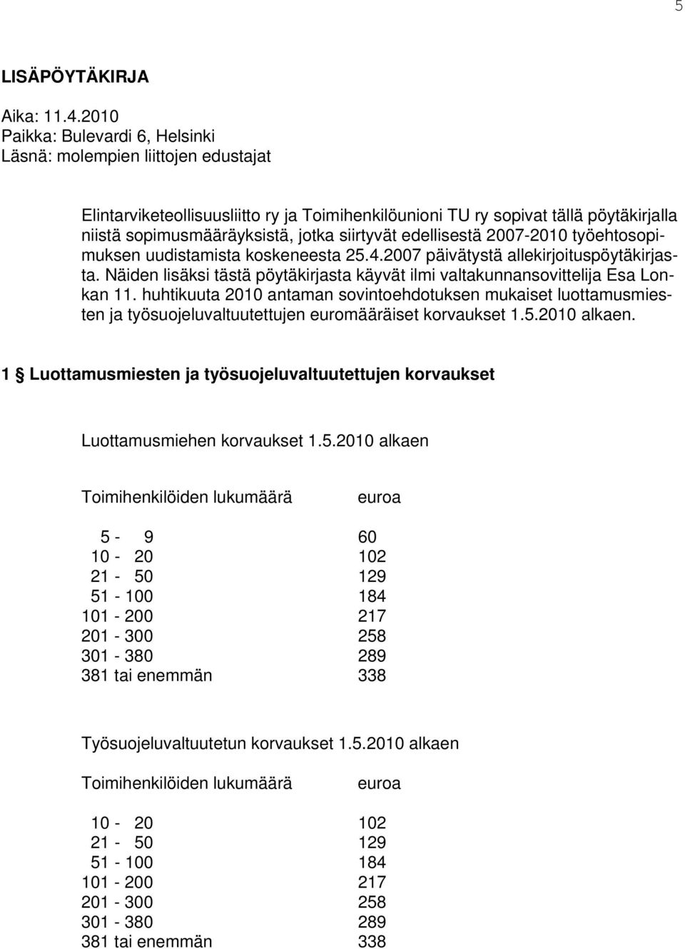 siirtyvät edellisestä 2007-2010 työehtosopimuksen uudistamista koskeneesta 25.4.2007 päivätystä allekirjoituspöytäkirjasta.
