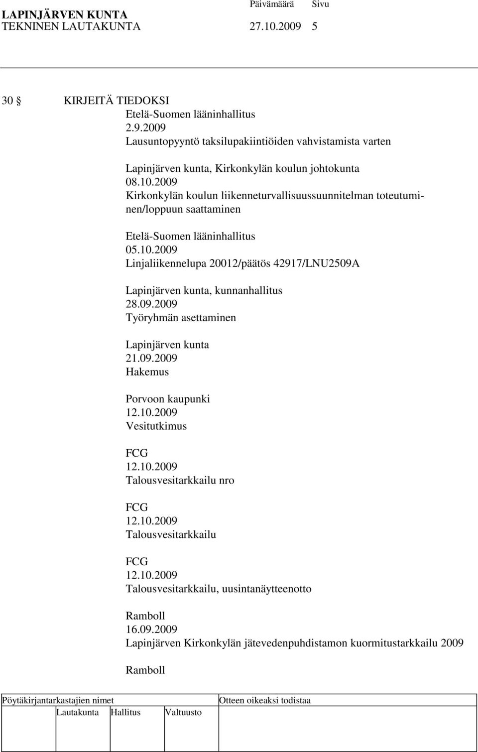 09.2009 Työryhmän asettaminen Lapinjärven kunta 21.09.2009 Hakemus Porvoon kaupunki 12.10.2009 Vesitutkimus FCG 12.10.2009 Talousvesitarkkailu nro FCG 12.10.2009 Talousvesitarkkailu FCG 12.