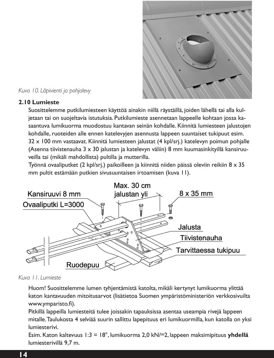 Kiinnitä lumiesteen jalustojen kohdalle, ruoteiden alle ennen katelevyjen asennusta lappeen suuntaiset tukipuut esim. 32 x 100 mm vastaavat. Kiinnitä lumiesteen jalustat (4 kpl/srj.