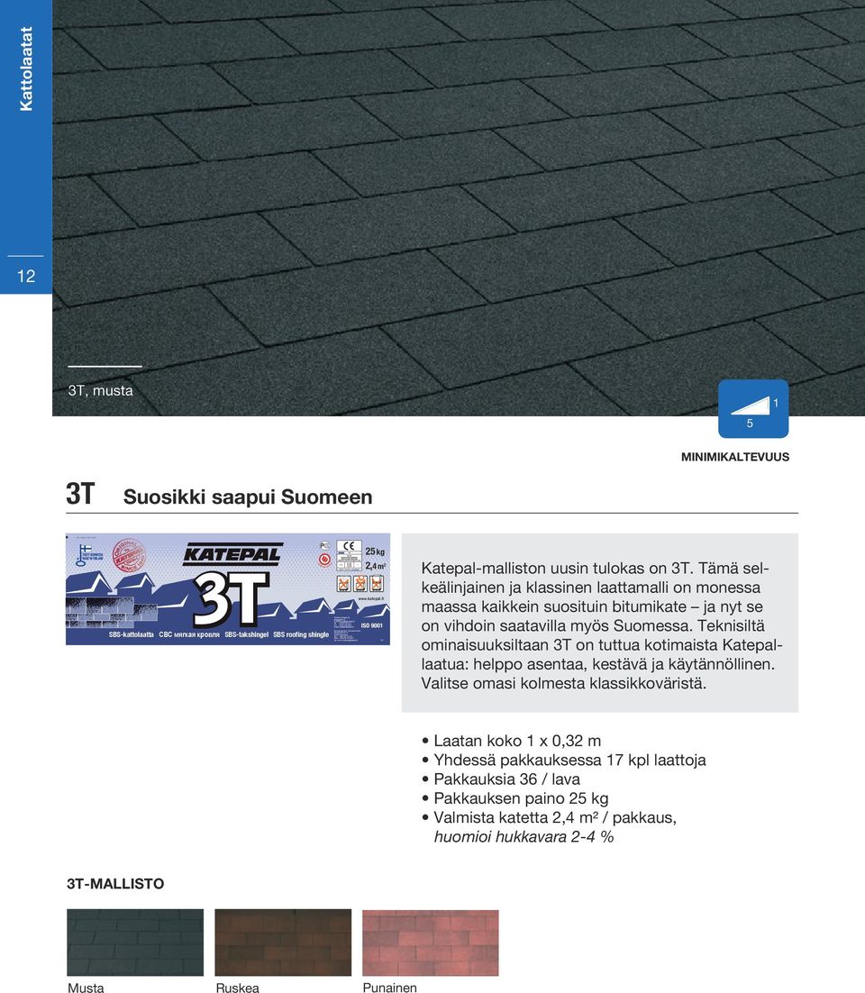 Kattolaatat 2 3T, musta 5 3T Suosikki saapui Suomeen MINIMIKALTEVUUS 3T SBS-kattolaatta СВС мягкая кровля SBS-takshingel SBS roofing shingle 25 kg 2,4 m 2 www.katepal.