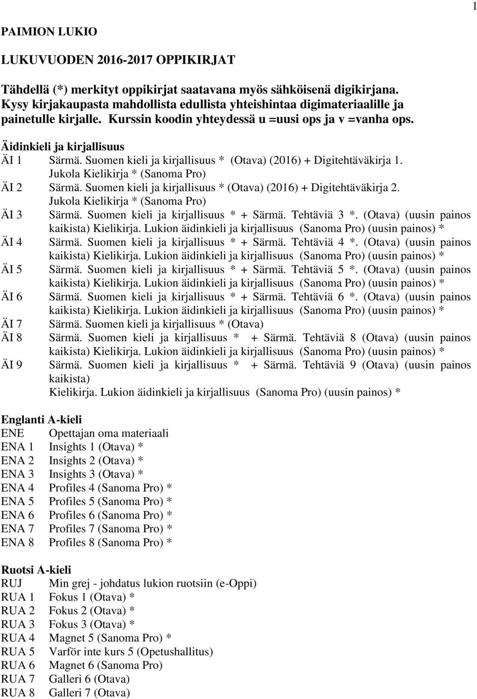 Suomen kieli ja kirjallisuus * (Otava) (2016) + Digitehtäväkirja 1. Jukola Kielikirja * (Sanoma Pro) ÄI 2 Särmä. Suomen kieli ja kirjallisuus * (Otava) (2016) + Digitehtäväkirja 2.