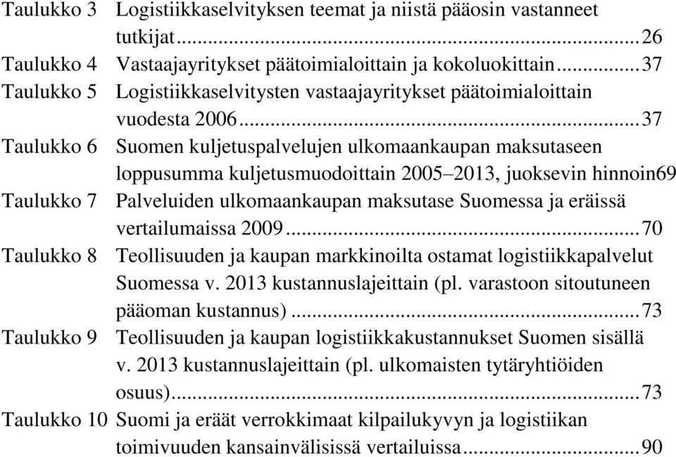 .. 37 Taulukko 6 Suomen kuljetuspalvelujen ulkomaankaupan maksutaseen loppusumma kuljetusmuodoittain 2005 2013, juoksevin hinnoin69 Taulukko 7 Palveluiden ulkomaankaupan maksutase Suomessa ja eräissä