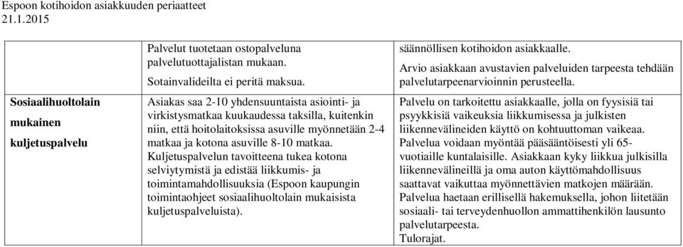 Kuljetuspalvelun tavoitteena tukea kotona selviytymistä ja edistää liikkumis- ja toimintamahdollisuuksia (Espoon kaupungin toimintaohjeet sosiaalihuoltolain mukaisista kuljetuspalveluista).