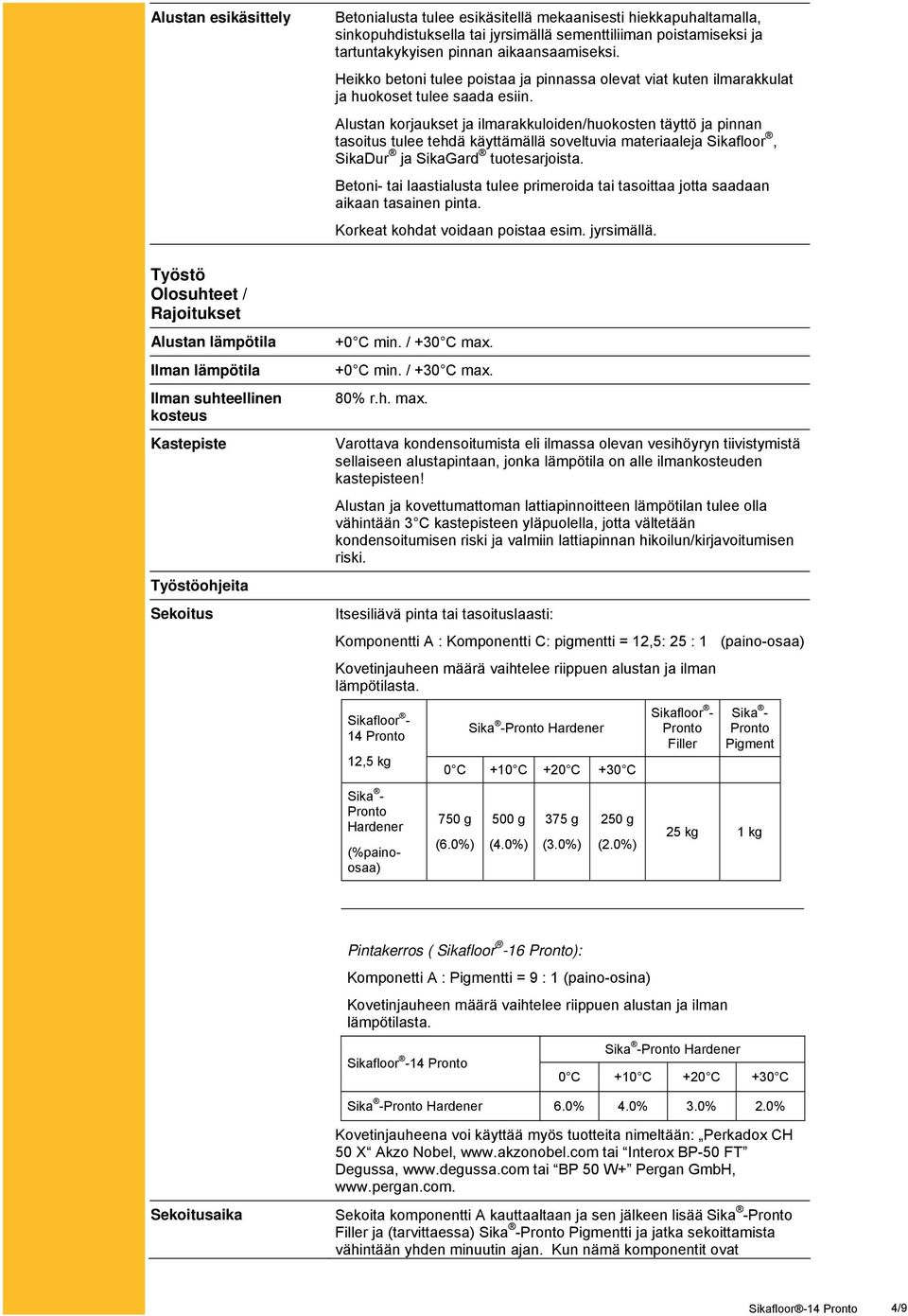 Alustan korjaukset ja ilmarakkuloiden/huokosten täyttö ja pinnan tasoitus tulee tehdä käyttämällä soveltuvia materiaaleja Sikafloor, SikaDur ja SikaGard tuotesarjoista.