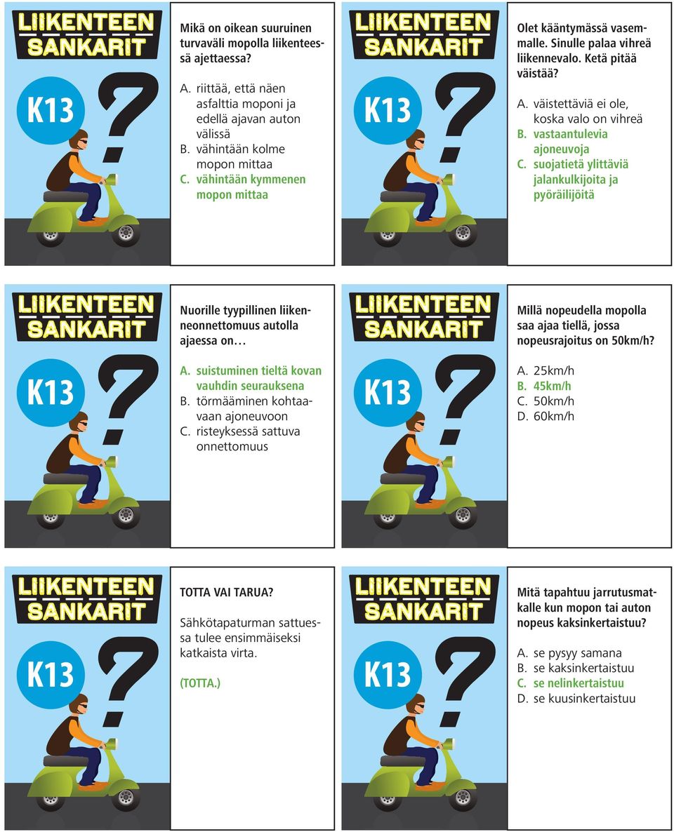 suojatietä ylittäviä jalankulkijoita ja pyöräilijöitä Nuorille tyypillinen liikenneonnettomuus autolla ajaessa on Millä nopeudella mopolla saa ajaa tiellä, jossa nopeusrajoitus on 50km/h? A.