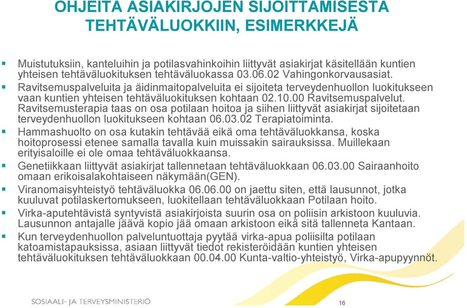 Ravitsemusterapia taas on osa potilaan hoitoa ja siihen liittyvät asiakirjat sijoitetaan terveydenhuollon luokitukseen kohtaan 06.03.02 Terapiatoiminta.