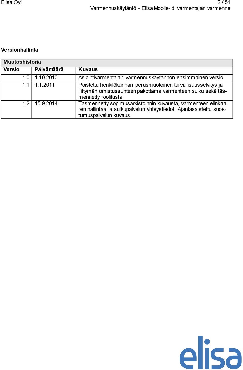 turvallisuusselvitys ja liittymän omistussuhteen pakottama varmenteen sulku sekä täsmennetty roolitusta. 1.2 15.9.