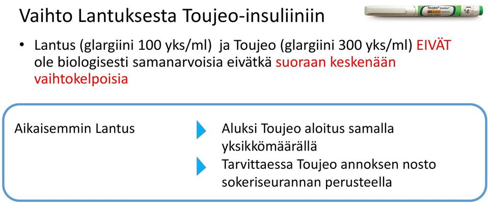 suoraan keskenään vaihtokelpoisia Aikaisemmin Lantus Aluksi Toujeo aloitus