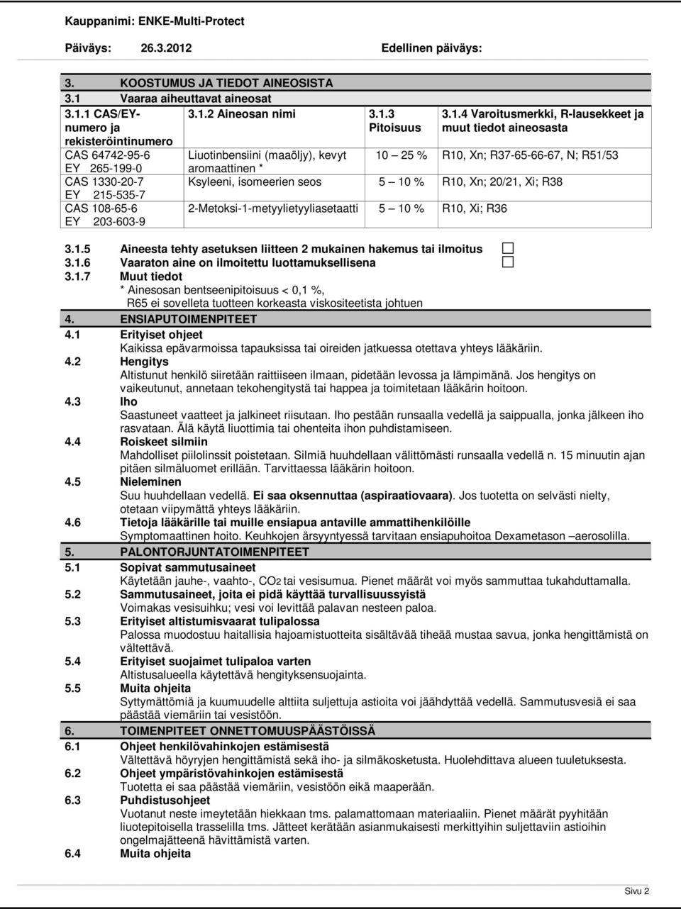 R10, Xi; R36 3.1.5 Aineesta tehty asetuksen liitteen 2 mukainen hakemus tai ilmoitus 3.1.6 Vaaraton aine on ilmoitettu luottamuksellisena 3.1.7 Muut tiedot * Ainesosan bentseenipitoisuus < 0,1 %, R65 ei sovelleta tuotteen korkeasta viskositeetista johtuen 4.
