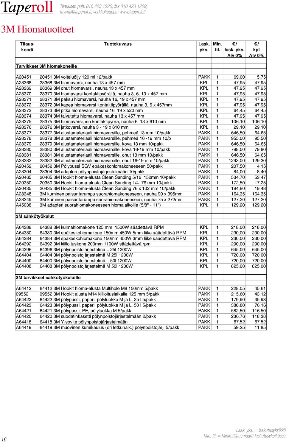 457 mm KPL 1 47,95 47,95 A28370 28370 3M hiomavarsi kontaktipyörällä, nauha 3, 6, 13 x 457 mm KPL 1 47,95 47,95 A28371 28371 3M paksu hiomavarsi, nauha 16, 19 x 457 mm KPL 1 47,95 47,95 A28372 28372