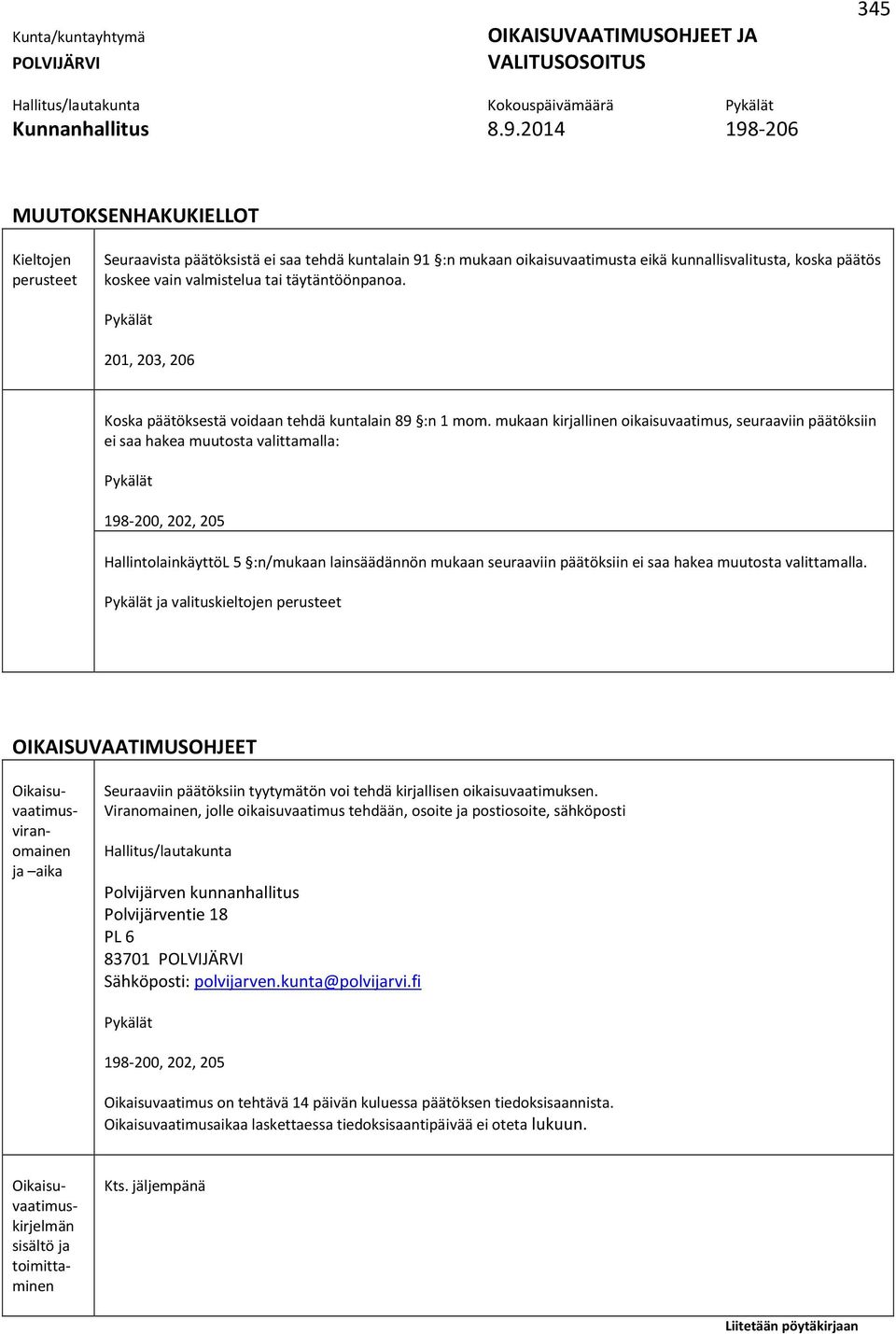 täytäntöönpanoa. Pykälät 201, 203, 206 Koska päätöksestä voidaan tehdä kuntalain 89 :n 1 mom.