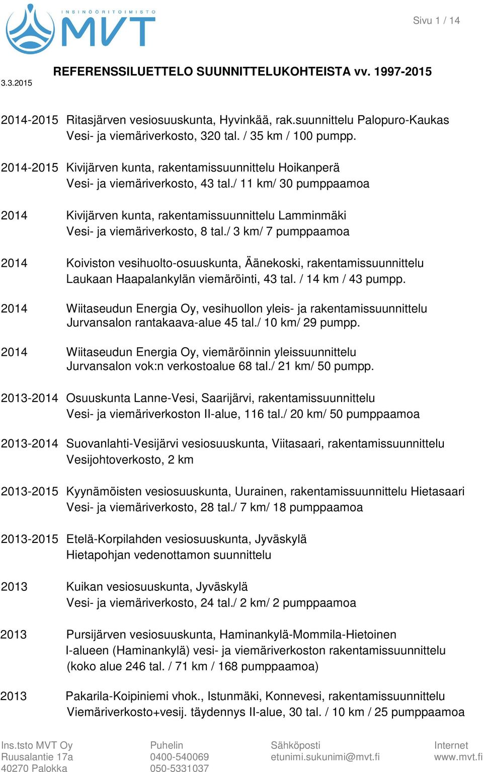 / 3 km/ 7 pumppaamoa 2014 Koiviston vesihuolto-osuuskunta, Äänekoski, Laukaan Haapalankylän viemäröinti, 43 tal. / 14 km / 43 pumpp.