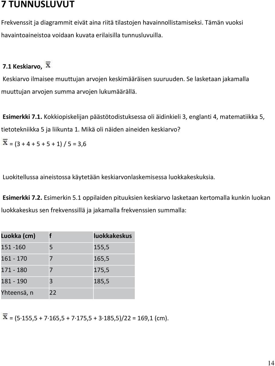 Mikä oli näiden aineiden keskiarvo? = (3 + 4 + 5 + 5 + 1) / 5 = 3,6 Luokitellussa aineistossa käytetään keskiarvonlaskemisessa luokkakeskuksia. Esimerkki 7.2. Esimerkin 5.