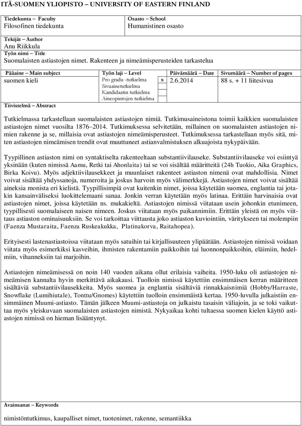 + 11 liitesivua Aineopintojen tutkielma Tiivistelmä Abstract Kandidaatin tutkielma Tutkielmassa tarkastellaan suomalaisten astiastojen nimiä.