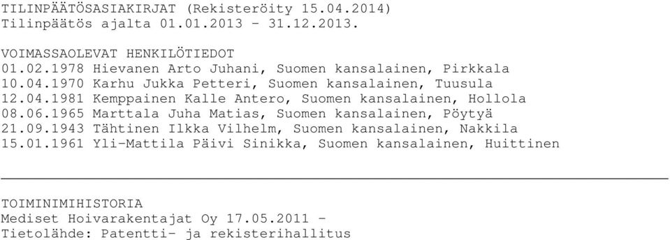 06.1965 Marttala Juha Matias, Suomen kansalainen, Pöytyä 21.09.1943 Tähtinen Ilkka Vilhelm, Suomen kansalainen, Nakkila 15.01.