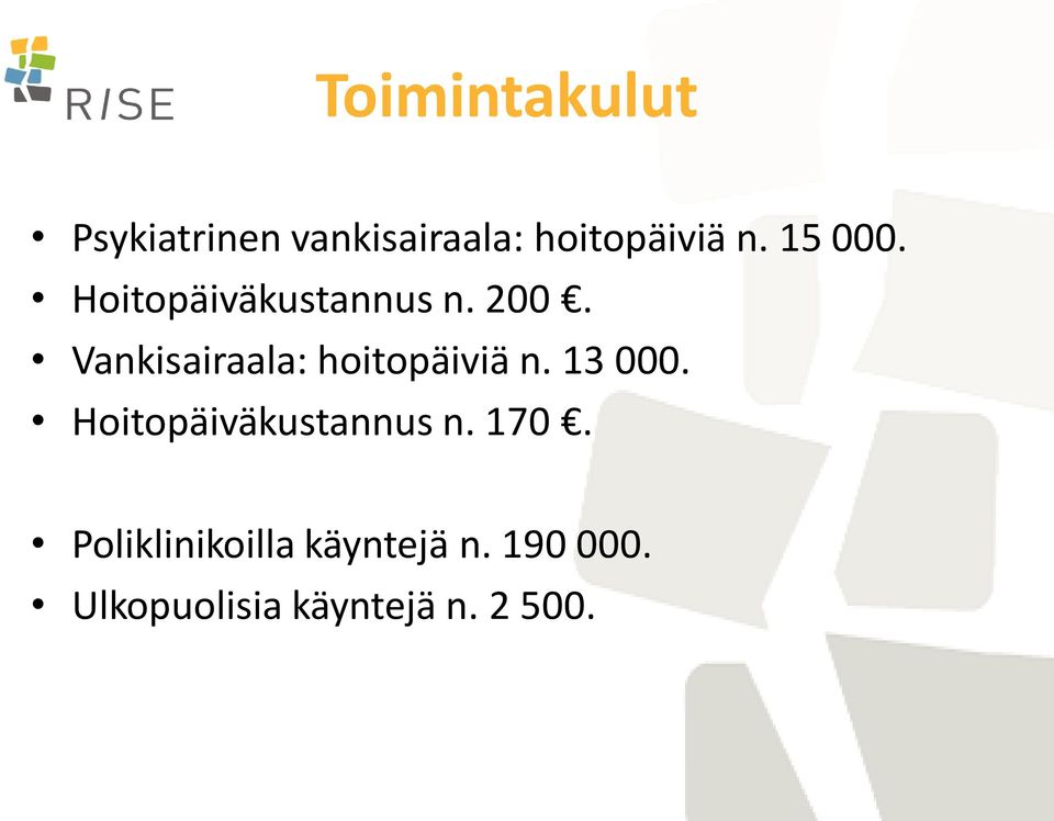 Vankisairaala: hoitopäiviä n. 13 000.