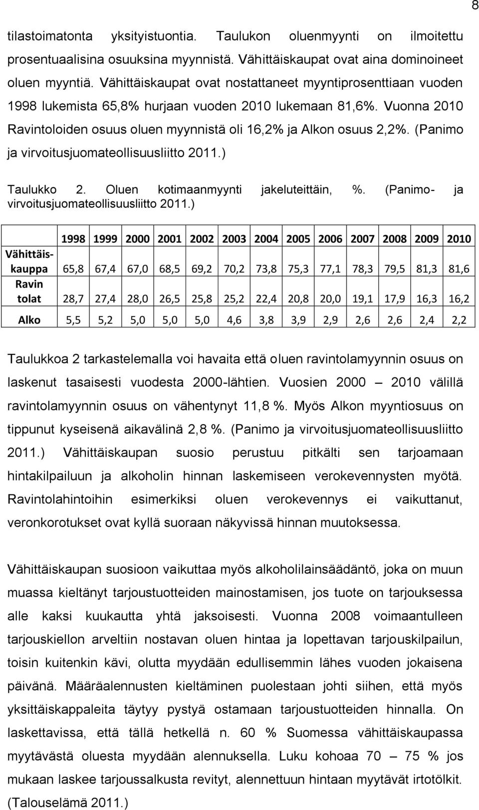 (Panimo ja virvoitusjuomateollisuusliitto 2011.) Taulukko 2. Oluen kotimaanmyynti jakeluteittäin, %. (Panimo- ja virvoitusjuomateollisuusliitto 2011.