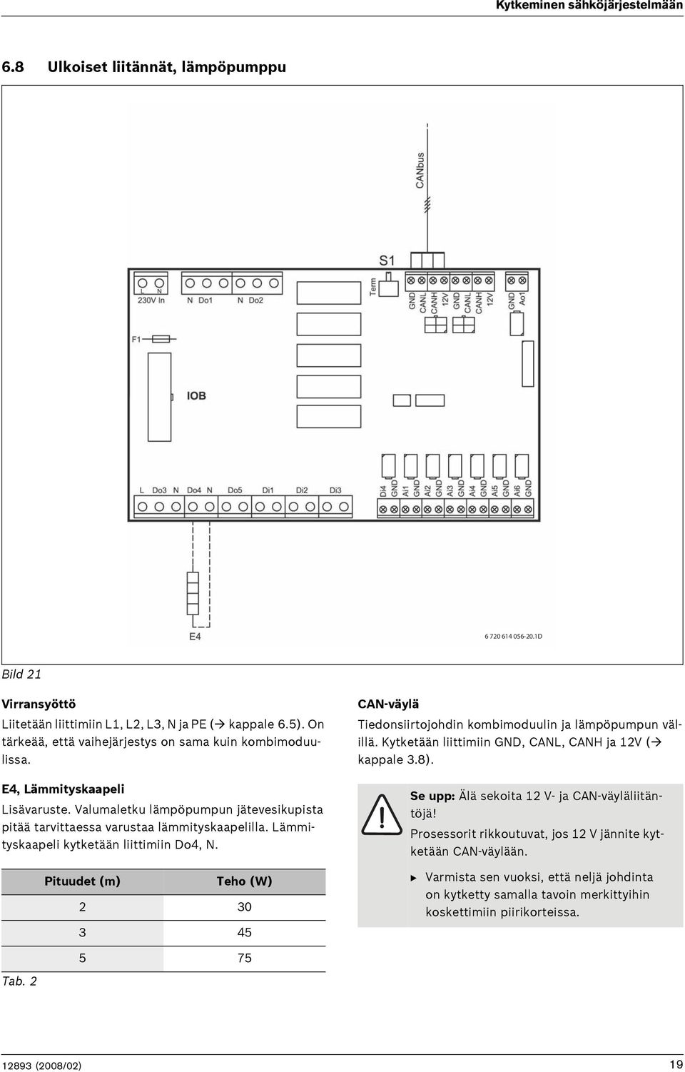 Lämmityskaapeli kytketään liittimiin Do4, N. Pituudet (m) Teho (W) 2 30 3 45 CAN-väylä Tiedonsiirtojohdin kombimoduulin ja lämpöpumpun välillä. Kytketään liittimiin GND, CANL, CANH ja 12V ( kappale 3.