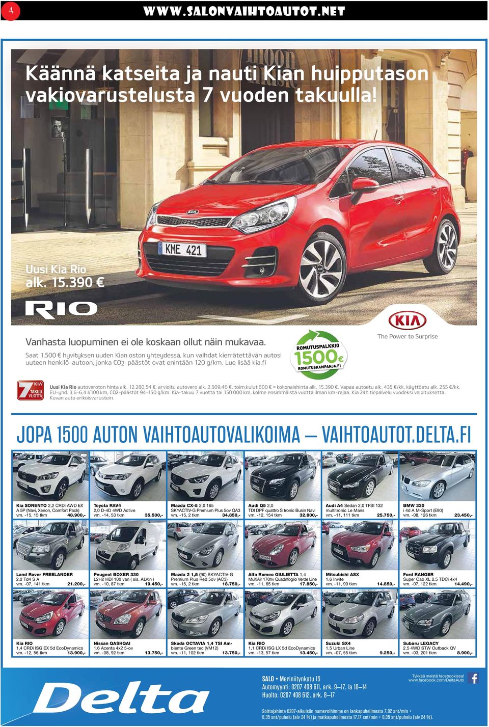 2.509,46, toim.kulut 600 = kokonaishinta alk. 15.390. Vapaa autoetu alk. 435 /kk, käyttöetu alk. 255 /kk. EU-yhd. 3,6-6,4 l/100 km, CO2-päästöt 94-150 g/km.