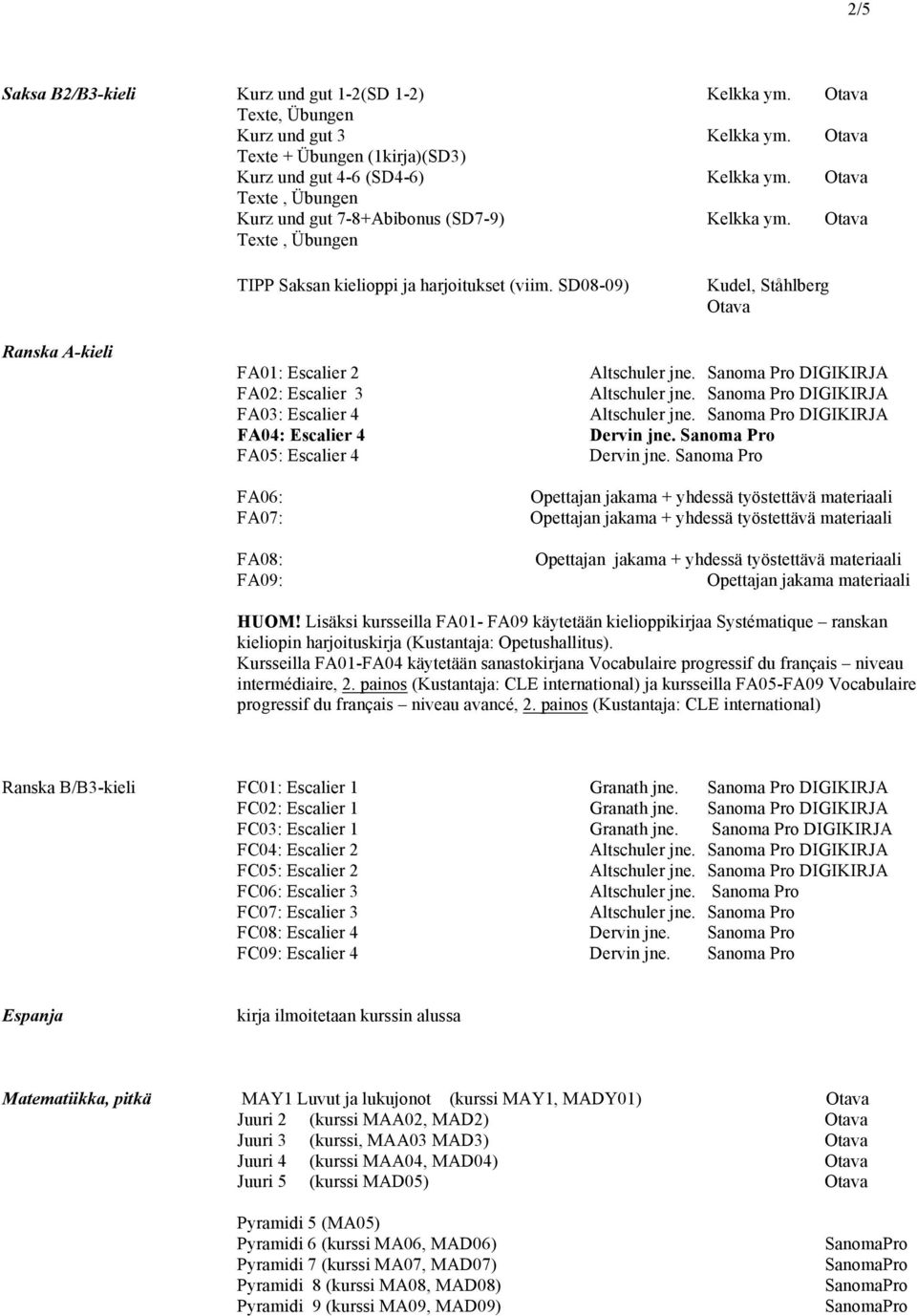 SD08-09) Kudel, Ståhlberg Ranska A-kieli FA01: Escalier 2 FA02: Escalier 3 FA03: Escalier 4 FA04: Escalier 4 FA05: Escalier 4 FA06: FA07: FA08: FA09: Dervin jne. Sanoma Pro Dervin jne.