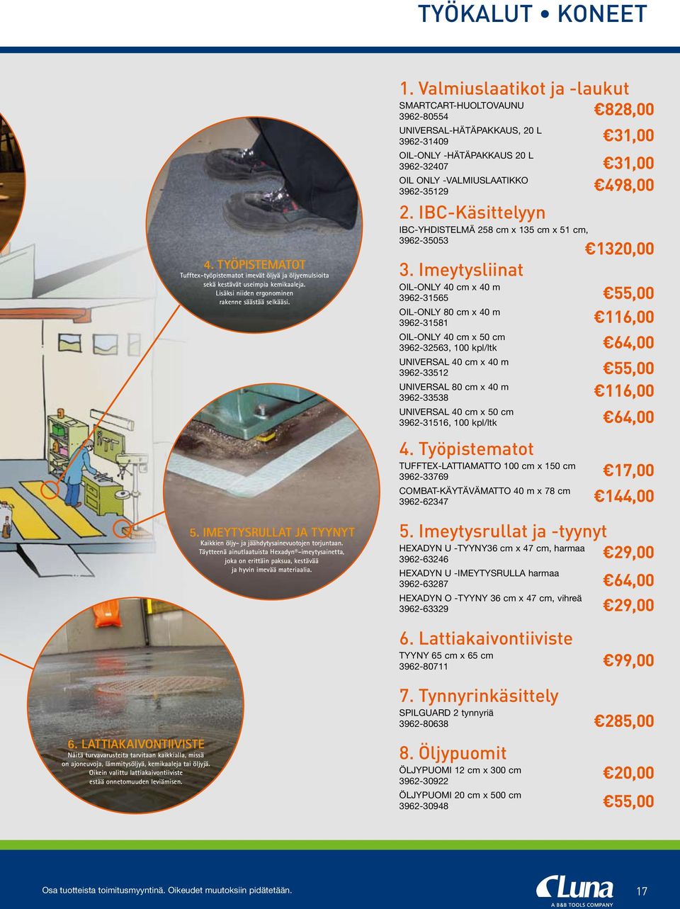 Valmiuslaatikot ja -laukut 828,00 SMARTCART-HUOLTOVAUNU 3962-80554 UNIVERSAL-HÄTÄPAKKAUS, 20 L 3962-31409 OIL-ONLY -HÄTÄPAKKAUS 20 L 3962-32407 OIL ONLY -VALMIUSLAATIKKO 3962-35129 2.