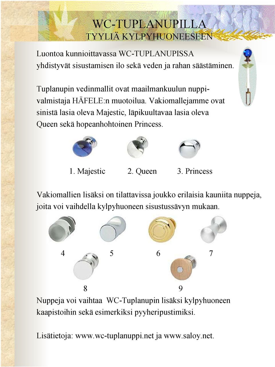 Vakiomallejamme ovat sinistä lasia oleva Majestic, läpikuultavaa lasia oleva Queen sekä hopeanhohtoinen Princess. 1. Majestic 2. Queen 3.