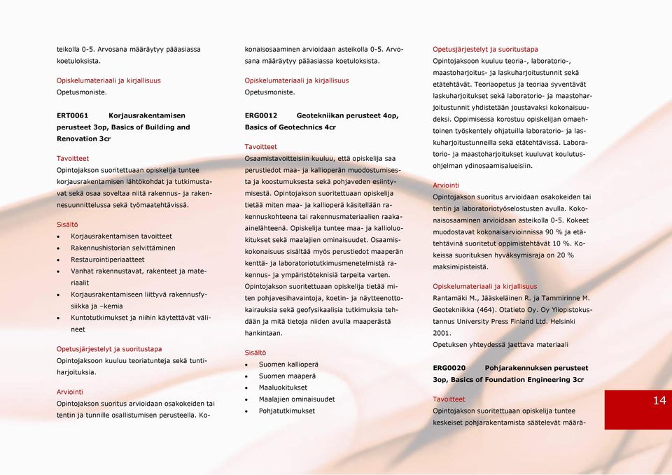 Teoriaopetus ja teoriaa syventävät laskuharjoitukset sekä laboratorio- ja maastohar- ERT0061 Korjausrakentamisen perusteet 3op, Basics of Building and Renovation 3cr Opintojakson suoritettuaan