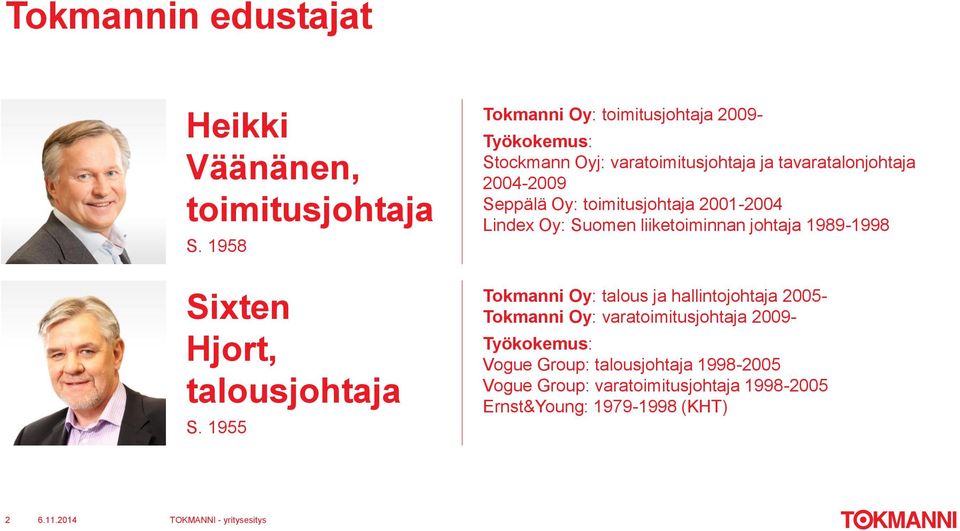 Oy: toimitusjohtaja 2001-2004 Lindex Oy: Suomen liiketoiminnan johtaja 1989-1998 Tokmanni Oy: talous ja hallintojohtaja 2005-