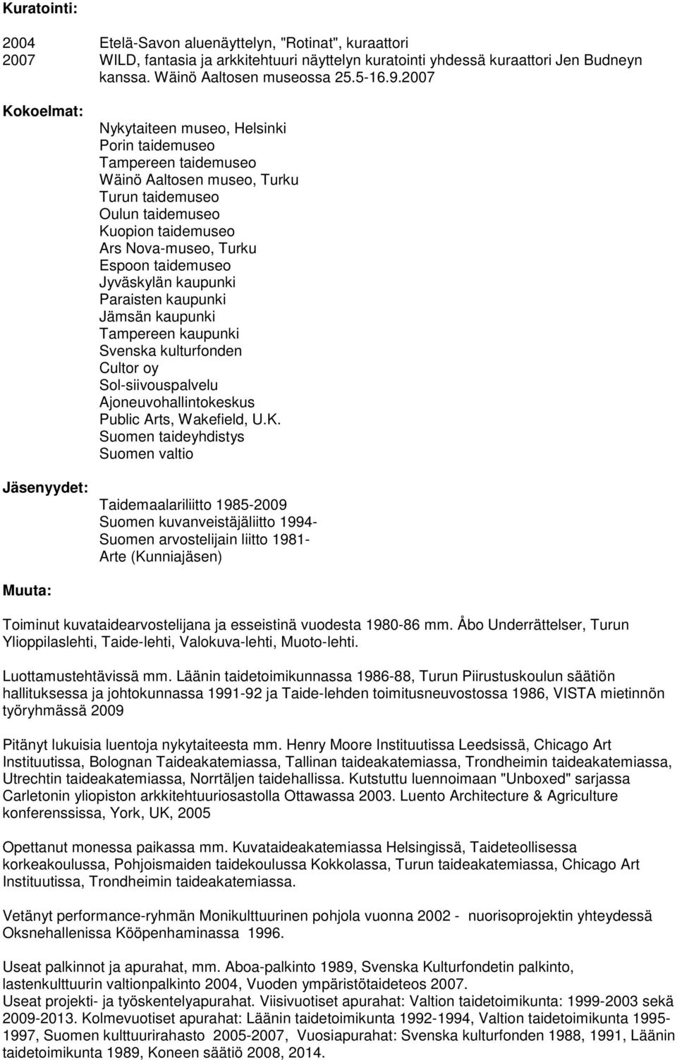 Espoon taidemuseo Jyväskylän kaupunki Paraisten kaupunki Jämsän kaupunki Tampereen kaupunki Svenska kulturfonden Cultor oy Sol-siivouspalvelu Ajoneuvohallintokeskus Public Arts, Wakefield, U.K.