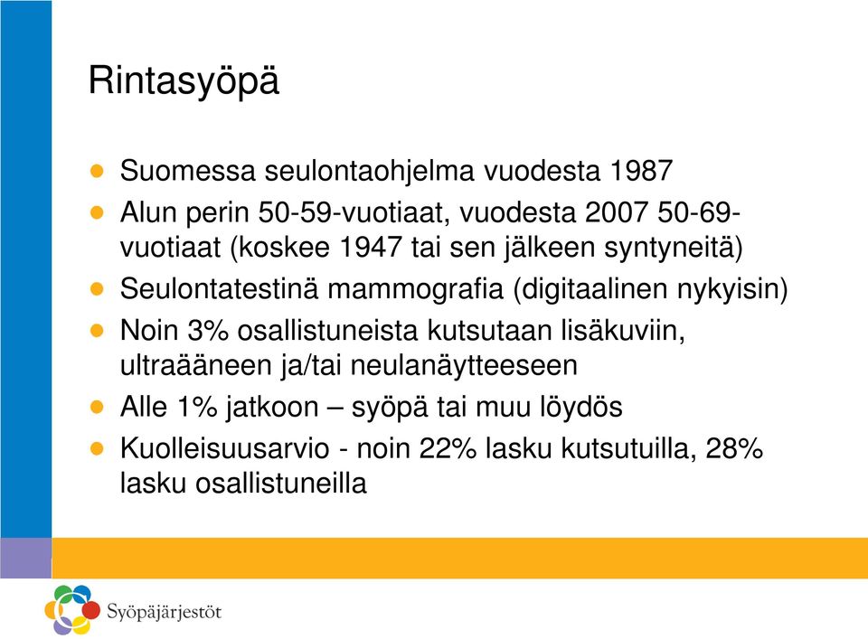 nykyisin) Noin 3% osallistuneista kutsutaan lisäkuviin, ultraääneen ja/tai neulanäytteeseen Alle