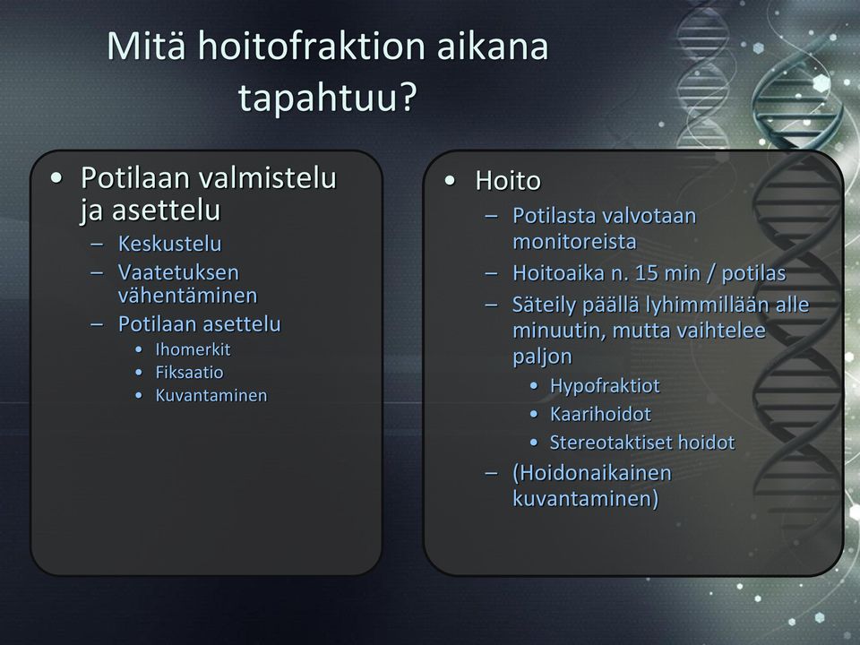 Ihomerkit Fiksaatio Kuvantaminen Hoito Potilasta valvotaan monitoreista Hoitoaika n.