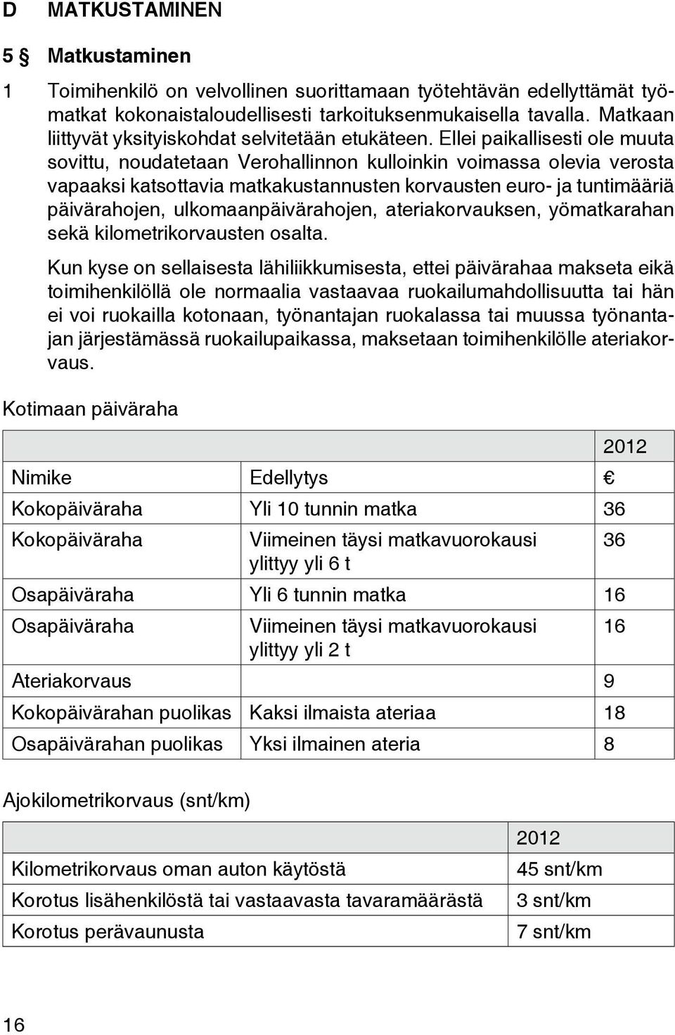 Ellei paikallisesti ole muuta sovittu, noudatetaan Verohallinnon kulloinkin voimassa olevia verosta vapaaksi katsottavia matkakustannusten korvausten euro- ja tuntimääriä päivärahojen,