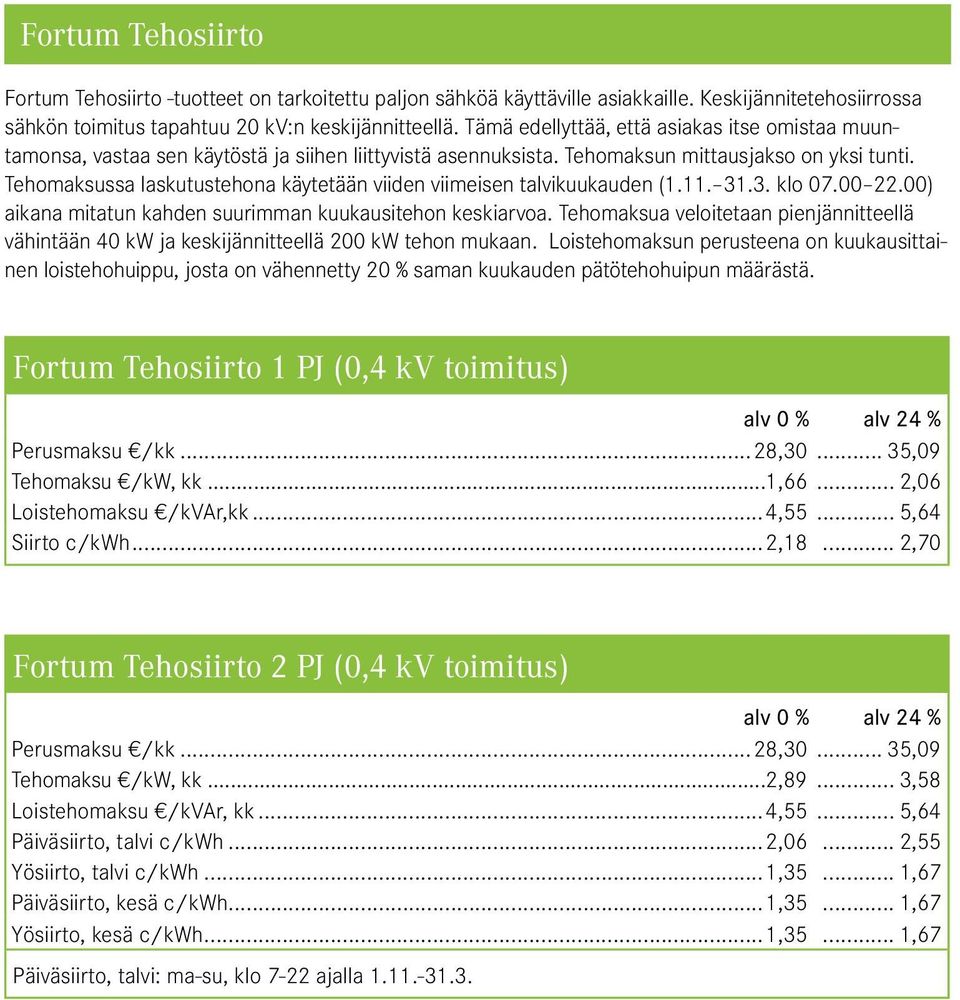 Tehomaksussa laskutustehona käytetään viiden viimeisen talvikuukauden (1.11. 31.3. klo 07.00 22.00) aikana mitatun kahden suurimman kuukausitehon keskiarvoa.