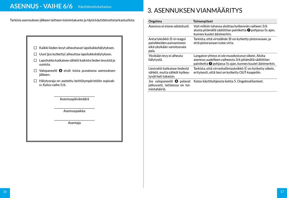 Uuni (jos kytketty) aiheuttaa lapsilukkohälytyksen. Lapsilukko katkaisee sähköt kaikista lieden levyistä ja uunista. Valopaneelit ❽ eivät loista punaisena asennuksen jälkeen.