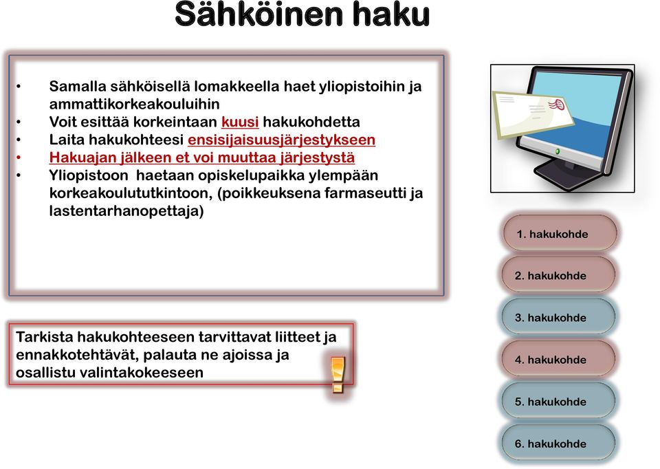 opiskelupaikka ylempään korkeakoulututkintoon, (poikkeuksena farmaseutti ja lastentarhanopettaja) 1. hakukohde 2.