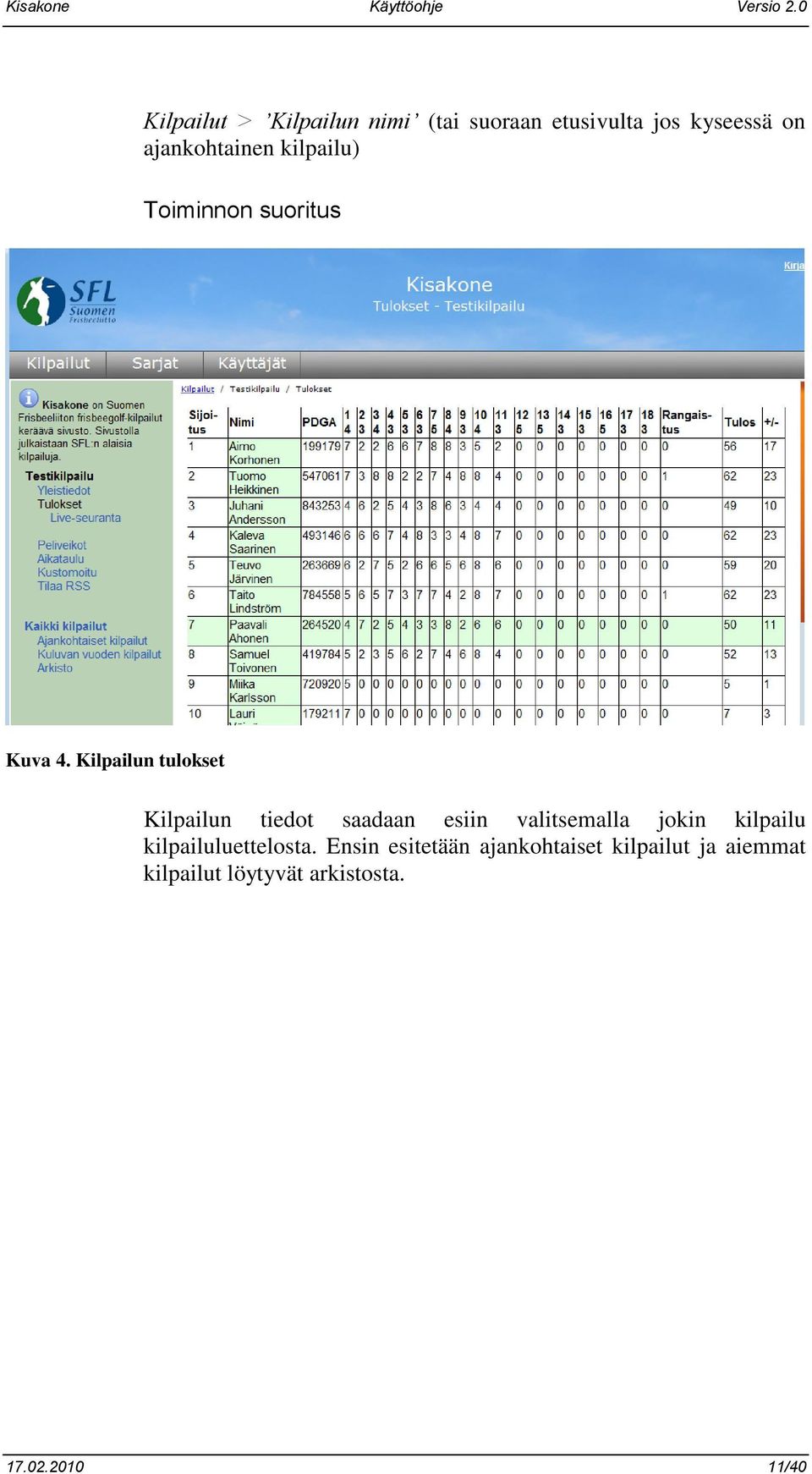 Kilpailun tulokset Kilpailun tiedot saadaan esiin valitsemalla jokin kilpailu