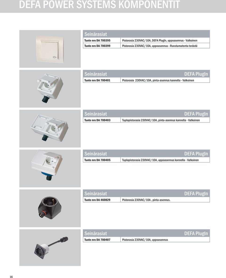 700403 DEFA PlugIn Tuplapistorasia 230VAC/10A, pinta-asennus kannella - Valkoinen Tuote nro DA 700405 DEFA PlugIn Tuplapistorasia 230VAC/10A,