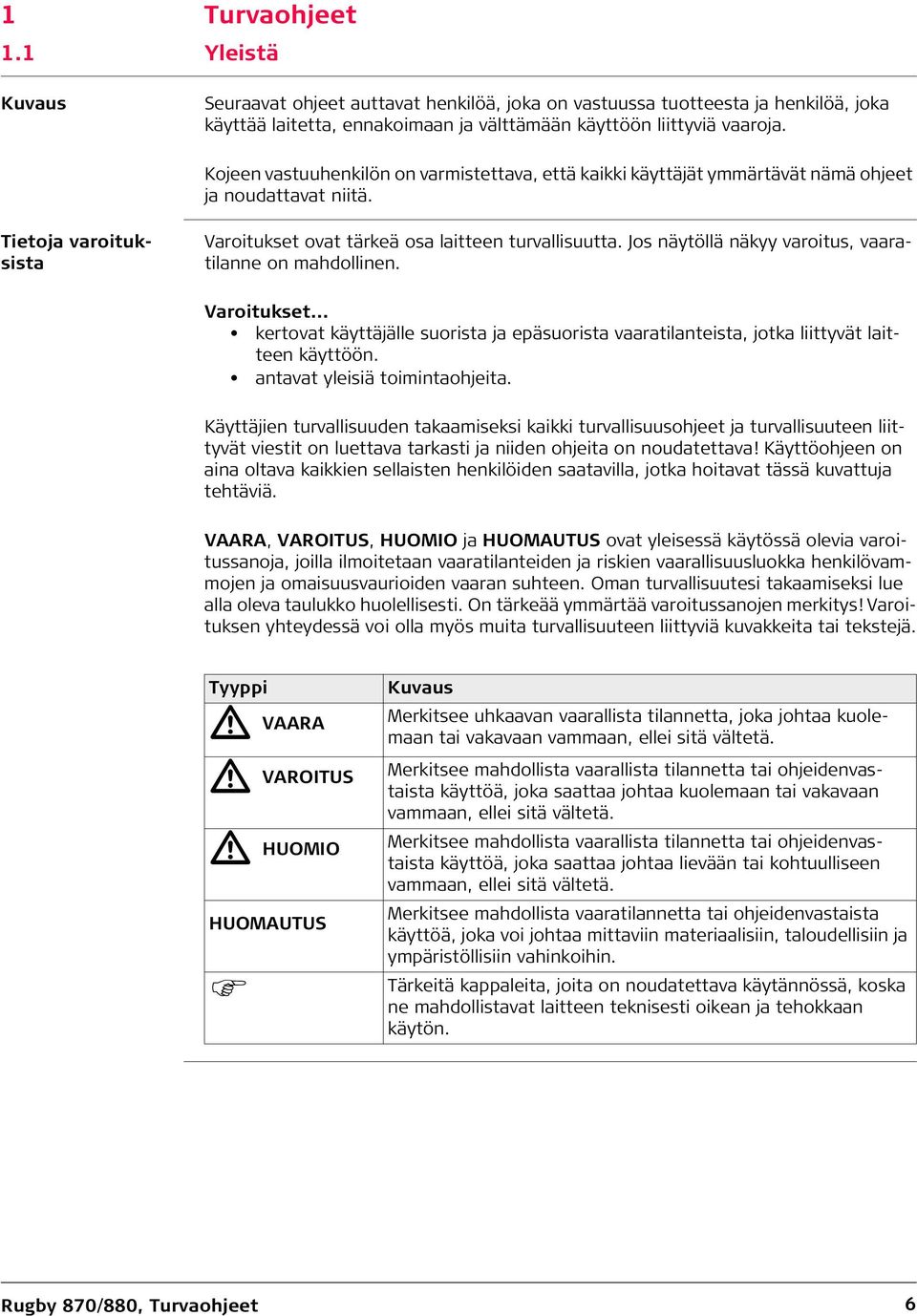 Jos näytöllä näkyy varoitus, vaaratilanne on mahdollinen. Varoitukset... kertovat käyttäjälle suorista ja epäsuorista vaaratilanteista, jotka liittyvät laitteen käyttöön.