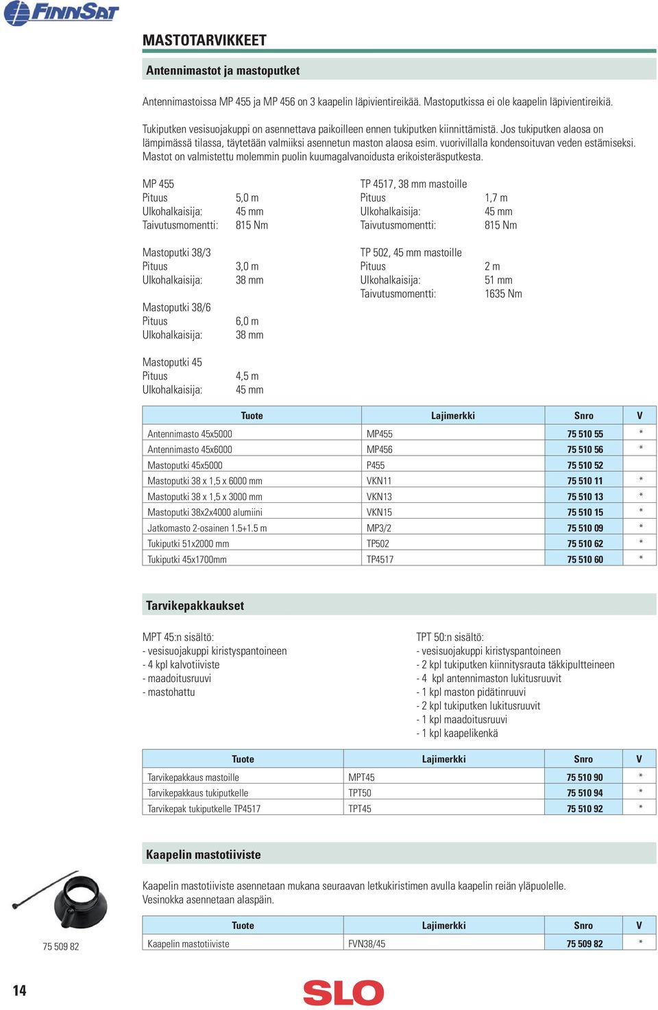 vuorivillalla kondensoituvan veden estämiseksi. Mastot on valmistettu molemmin puolin kuumagalvanoidusta erikoisteräsputkesta.