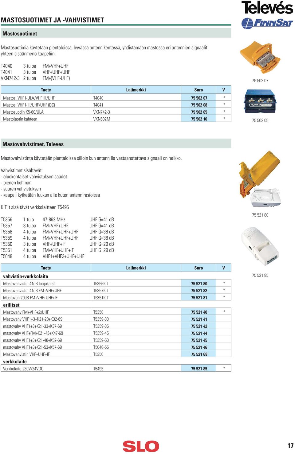 VHF I-III/UHF/UHF (DC) T4041 75 502 08 * Mastosuodin K5-60/ULA VKN742-3 75 502 05 * Mastojaotin kahteen VKN602M 75 502 10 * 75 502 07 75 502 05 Mastovahvistimet, Televes Mastovahvistinta käytetään