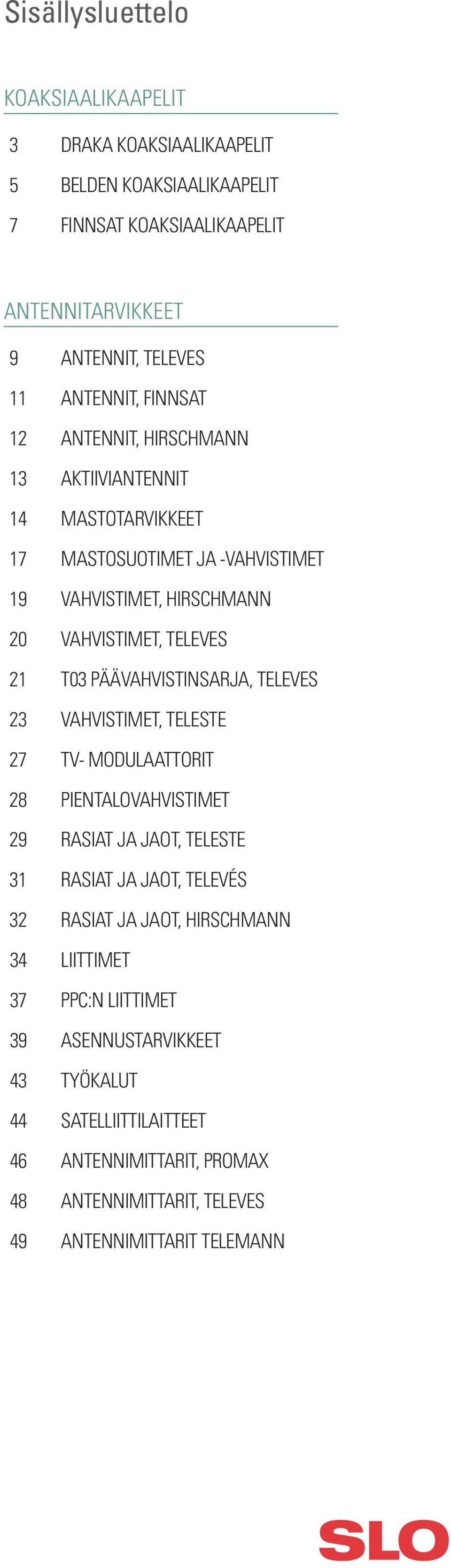 PÄÄVAHVISTINSARJA, TELEVES 23 VAHVISTIMET, TELESTE 27 TV- MODULAATTORIT 28 PIENTALOVAHVISTIMET 29 RASIAT JA JAOT, TELESTE 31 RASIAT JA JAOT, TELEVÉS 32 RASIAT JA JAOT,