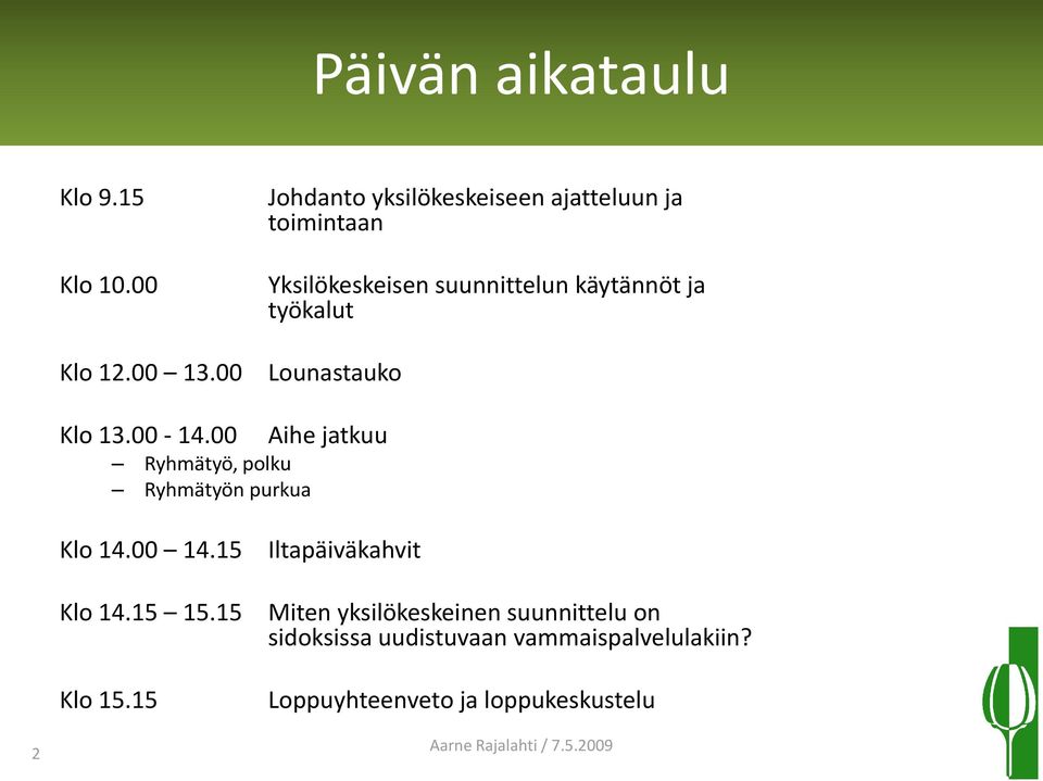 työkalut Lounastauko Klo 13.00-14.00 Ryhmätyö, polku Ryhmätyön purkua Aihe jatkuu Klo 14.00 14.