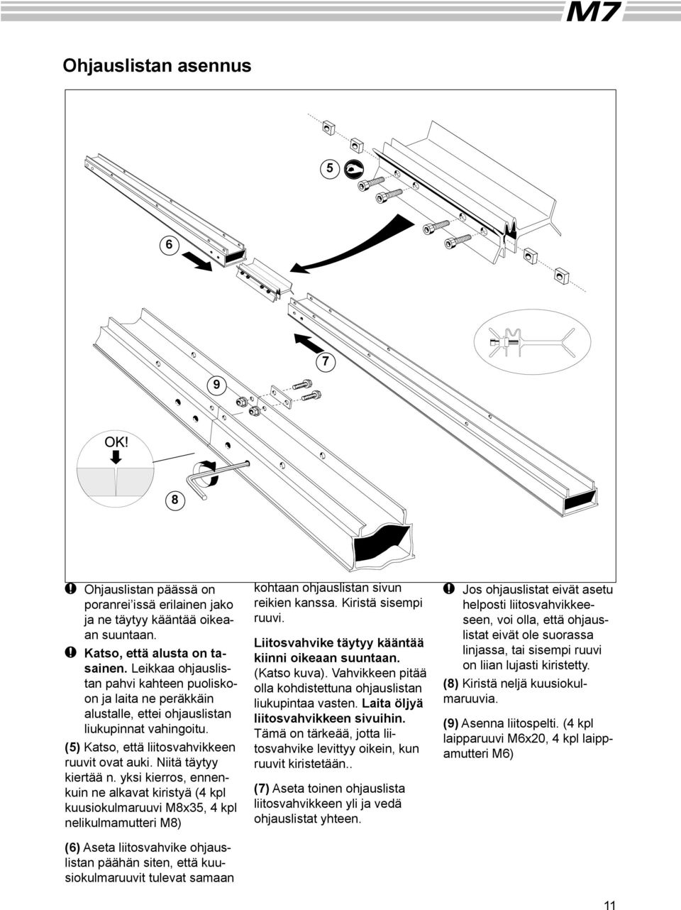 yksi kierros, ennenkuin ne alkavat kiristyä (4 kpl kuusiokulmaruuvi M8x35, 4 kpl nelikulmamutteri M8) (6) Aseta liitosvahvike ohjauslistan päähän siten, että kuusiokulmaruuvit tulevat samaan kohtaan