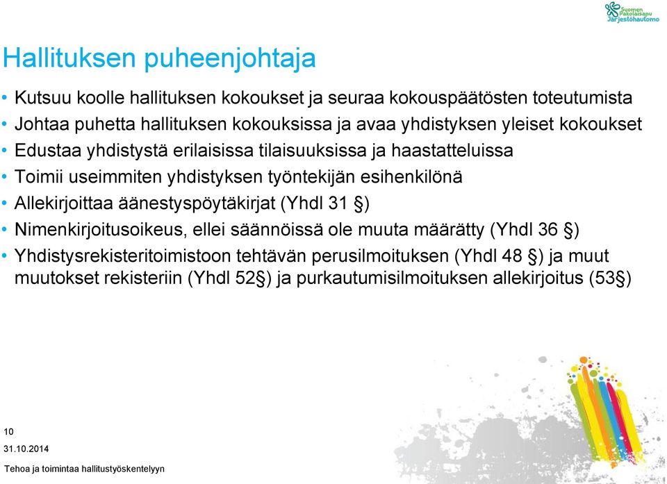 työntekijän esihenkilönä Allekirjoittaa äänestyspöytäkirjat (Yhdl 31 ) Nimenkirjoitusoikeus, ellei säännöissä ole muuta määrätty (Yhdl 36 )