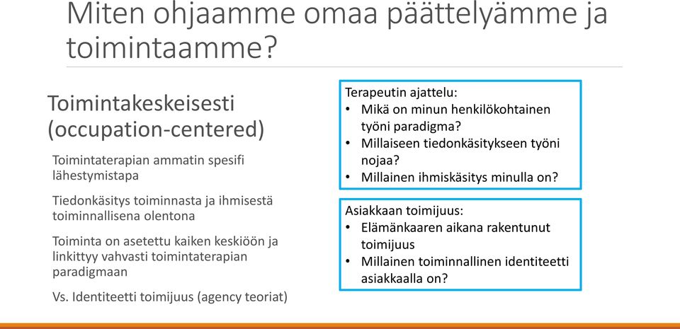 olentona Toiminta on asetettu kaiken keskiöön ja linkittyy vahvasti toimintaterapian paradigmaan Vs.