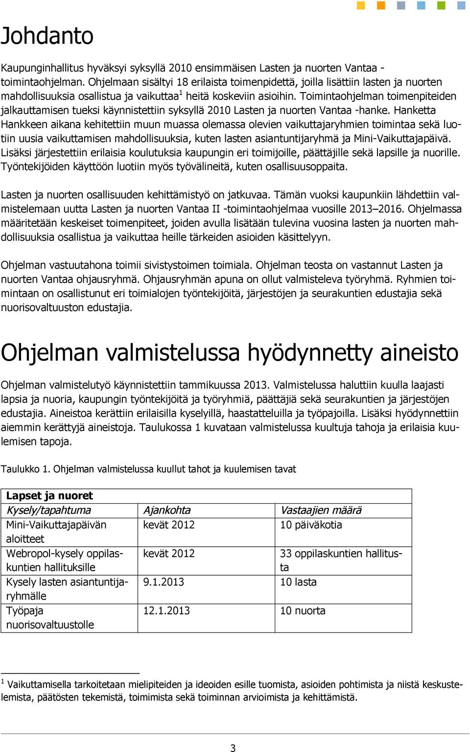 Toimintaohjelman toimenpiteiden jalkauttamisen tueksi käynnistettiin syksyllä 2010 Lasten ja nuorten Vantaa -hanke.