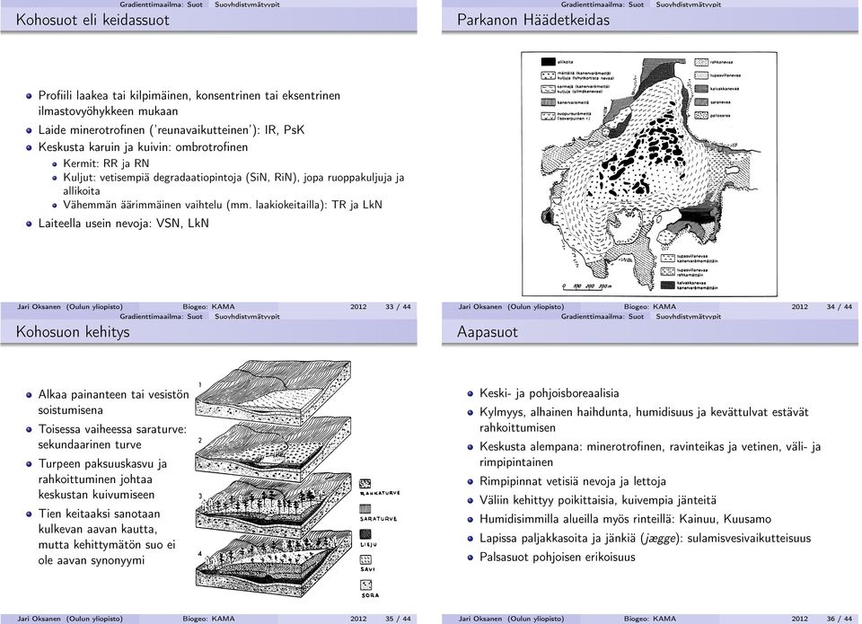 yliopisto) Biogeo: KAMA 2012 42 / 44 Ilmastonmuutos ja palsat Ilmastolliset mallit ennustavat palsojen esiintymisen Fennoskandiassa (paras GAM) Lämpötila ja sademäärä parhaat selittäjät Fronzek,