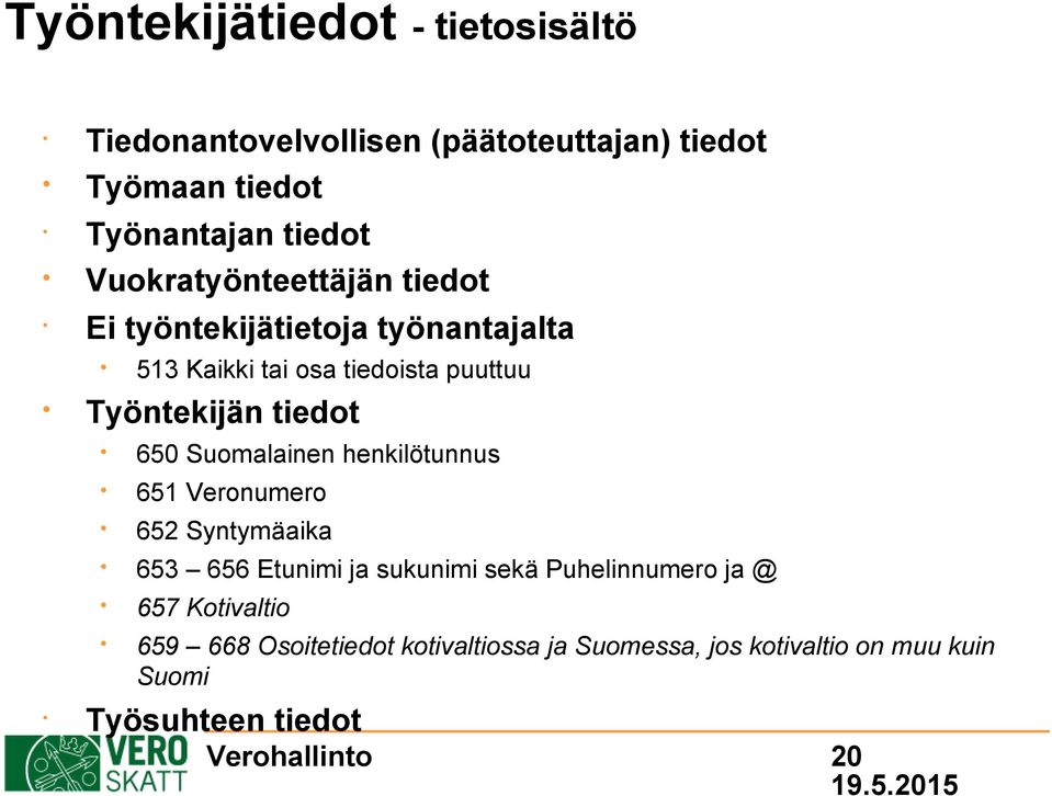 puuttuu 650 Suomalainen henkilötunnus 651 Veronumero 652 Syntymäaika 653 656 Etunimi ja sukunimi sekä