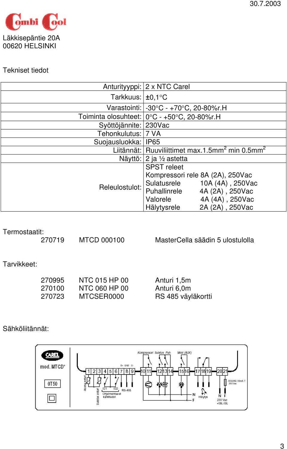 5mm 2 Näyttö: 2 ja ½ astetta SPST releet Kompressori rele 8A (2A), 25Vac Sulatusrele A (4A), 25Vac Releulostulot: Puhallinrele 4A (2A), 25Vac Valorele 4A